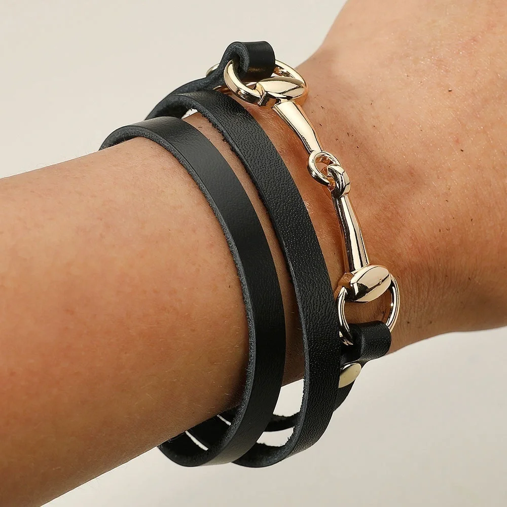 Gold Horsebit clasp Faux Leather Wrap Magnetic Bracelet